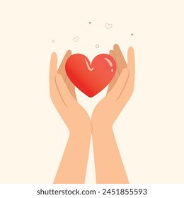 Corazón en las manos, Ilustración vectorial de Concepto de Donación. Mano sosteniendo un pedazo de corazón, Anuncio de saludo, afiche. Concepto de regalo de mano.