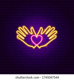 Heart Hands Donation Neon Sign. Vector Illustration of Meditation Promotion.