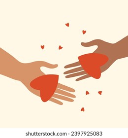 Heart in hands flat vector illustration.Hand drawn couple gives each other heart for Happy Valentine Day greetings, for expressing love feelings. Festive design for congratulation, card, print, paper