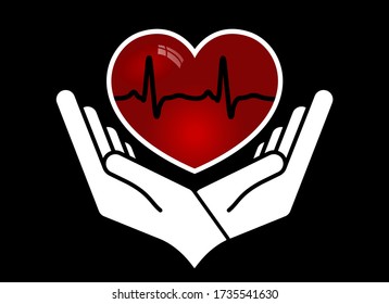 Corazón en las manos. Plantilla del logotipo del corazón para trasplante, órgano, donación, caridad, salud, voluntario, aislado en fondo blanco, vector