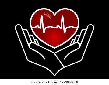Heart in hands. Giving heart logo template for transplant ,organ, donation, charity, health, voluntary, isolated on white background, vector