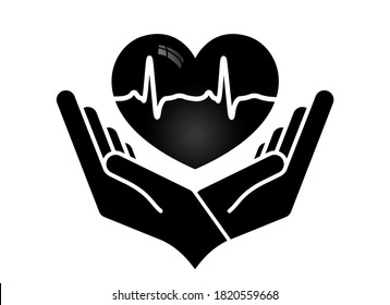 Herz in Händen. Vorlage des Herzlogos für Transplantation, Organ, Spende, Wohltätigkeit, Gesundheit, freiwillig, einzeln auf weißem Hintergrund, Vektorgrafik
