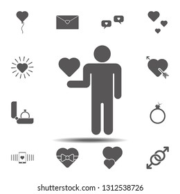 Heart in the hands of a guy, recognition icon. Simple glyph, flat vector element of valentines day icons set for UI and UX, website or mobile application