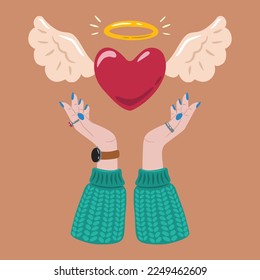 Heart in hands. Hand holding heart flat vector illustration. A flying heart with angel wings in hands. Valentine's day. Cute illustration for a print.