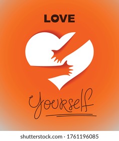 Heart and hands hugging love yourself vector concept, loving hands, adore passion and care stylish illustration.