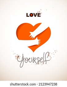 Heart and hands hugging love yourself vector concept, loving hands, adore passion and care stylish illustration.