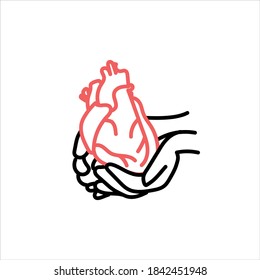 Corazón en las manos. Icono aislado. Ilustración médica de vectores.