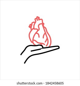 Herz in Händen. Symbol einzeln. Vektormedizinische Illustration.