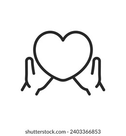 Heart in Hands Icon - Linear Vector Pictogram of Care and Generosity, Supportive Love Emblem, Holding Affection Sign for Valentine's Day