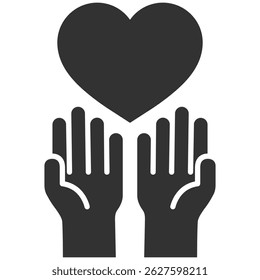 Heart in hands icon. Love, care, support, healthcare symbol. Flat and silhouette vector illustration isolated on transparent background