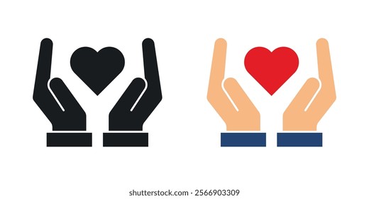 Heart and hands icon set in black and colored