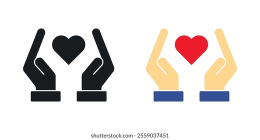 Heart and hands icons in black and colored version