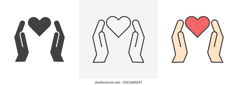 Heart and hands icons in black and colored versions