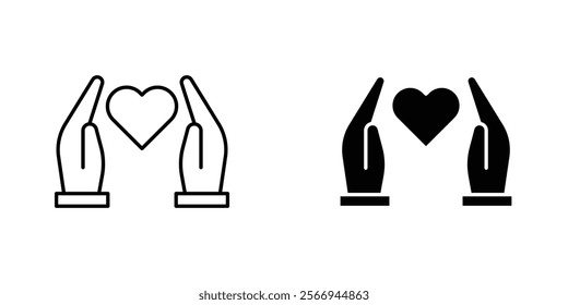 Heart and hands icons. black and white vector set.