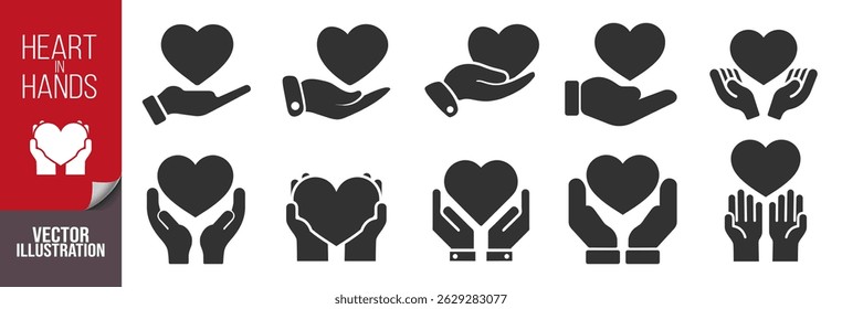 Heart in hands icons set. Love, care, support, healthcare symbol. Flat and silhouette vector illustration isolated on transparent background