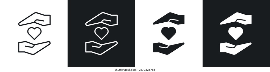 Heart and hands icons vectors set in black. line and flat versions