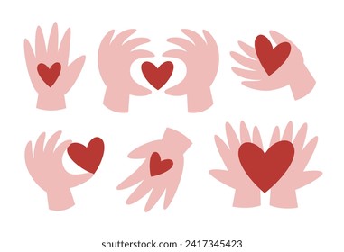 Set von Illustrationen des Herzens in Händen. St. Valentinstag-Flachvektor