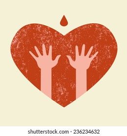 Heart with hands inside and drop of blood. Blood donation. Vector
