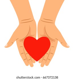 Heart in hands isolated on white. Vector hearts shape in outstretched hands for health caring, people charity and donation concepts