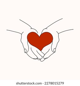 Heart in hands. Line atr. Vector illustration card love, thank you day, devotion, gratitude, peace.