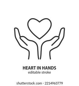 Heart in hands line icon. Heart health care vector symbol. Love and insurance sign. Editable stroke.