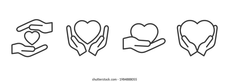 Heart with hands line icons set. Assistance and support black outline symbols collection. No profit organizations pictogram. Voluntary linear signs. Vector isolated on white background