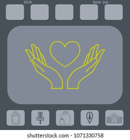 heart in hands line vector icon  on a gray cine-film background. Flat design style