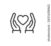 Heart in hands, linear icon. Love, charity, and emotional support. Line with editable stroke.