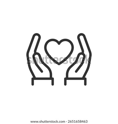 Heart in hands, linear icon. Love, charity, and emotional support. Line with editable stroke.