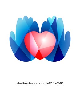 Heart In Hands Logo Concept. Creative Sign In Stained Glass Style. Human Palms And 3D Heart Shape. Abstract Isolated Graphic Design Template. Logotype Idea In Red And Blue Colors. White Background.