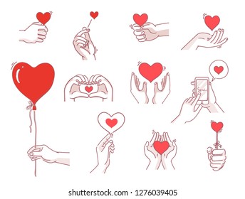 Heart hands male set. man hand holding heart symbol Meaning of showing love. Various,different gestures with view left,right,top,bottom,palm,back,fingers. icon vector design of hand drawn style.