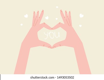 Heart hands, meaning of showing love, hands in shape of love heart, show you love. Modern flat vector illustration.