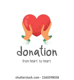Heart in hands in modern flat style on white background. Giving heart logo template for donation, charity, health, voluntary, nonprofit organization. Support concept. Cute cartoon vector illustration.