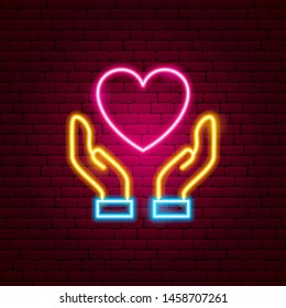 Heart Hands Neon Sign. Vector Illustration of Love Promotion.