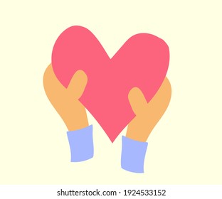Corazón en manos sobre un fondo blanco. Caricatura. Ilustración vectorial.