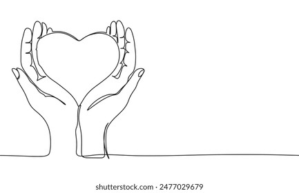 Heart in hands one line continuous. Line art heart in hands. Hand drawn vector art.