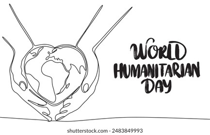 Heart in hands one line continuous. World Humanitarian Day. Hand drawn vector art