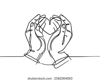 Heart in hands one line continuous. Line art heart in hands. Hand drawn vector art.