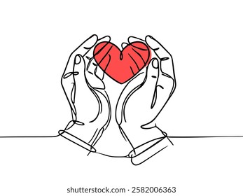 Heart in hands one line continuous. Line art heart in hands. Hand drawn vector art.