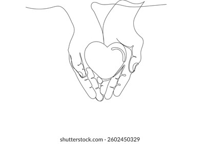 Heart in Hands One Line Drawing on White Background vector illustration