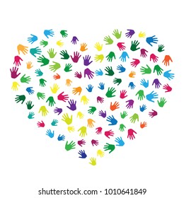 Heart of hands, palms isolated on white vector design. Colored handprints heart - symbol of love, compassion, humanity, friendship. Cartoon children hands prints in paint.