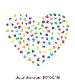 Heart of hands, palms isolated on white vector design. Multicolored handprints heart - symbol of love, compassion, humanity, friendship. Kids hands prints in paint illustration.