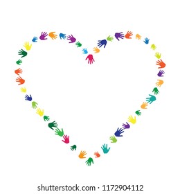 Heart of hands, palms isolated on white vector illustration. Rainbow colors handprints heart - symbol of love, compassion, humanity, friendship. Kids hands prints in paint vector.