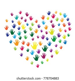 Heart of hands, palms isolated on white vector design. Multicolored handprints heart - symbol of love, compassion, humanity, friendship. Cartoon children hands prints in paint.