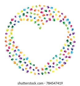 Heart of hands, palms isolated on white vector graphic design. Colored handprints heart - symbol of love, compassion, humanity, friendship. Cartoon kids hands prints in paint.