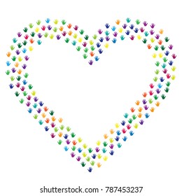 Heart of hands, palms isolated on white vector graphic design. Rainbow colors handprints heart - symbol of love, compassion, humanity, friendship. Kids hands prints in paint illustration.