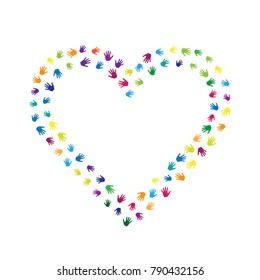 Heart of hands, palms isolated on white vector illustration. Rainbow colors handprints heart - symbol of love, compassion, humanity, friendship. Kids hands prints in paint illustration.