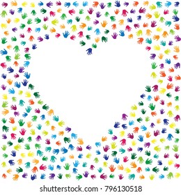 Heart of hands, palms isolated on white vector illustration. Multicolored handprints heart - symbol of love, compassion, humanity, friendship. Cartoon children hands prints in paint.
