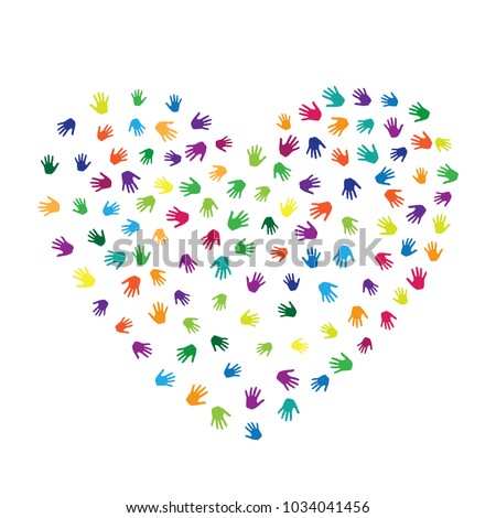 Heart of hands, palms isolated on white vector design. Multicolored handprints heart - symbol of love, compassion, humanity, friendship. Kids hands prints in paint illustration.