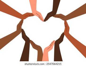 Um coração das mãos de pessoas de diferentes tons de pele. O conceito de amizade, paz e igualdade, diversidade racial, inclusividade.